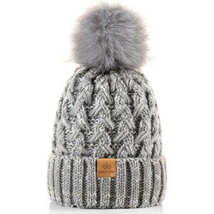 Women’s Mixed Light Grey Winter Ribbed Beanie Hat Chunky Cable Knit Pompom Warm